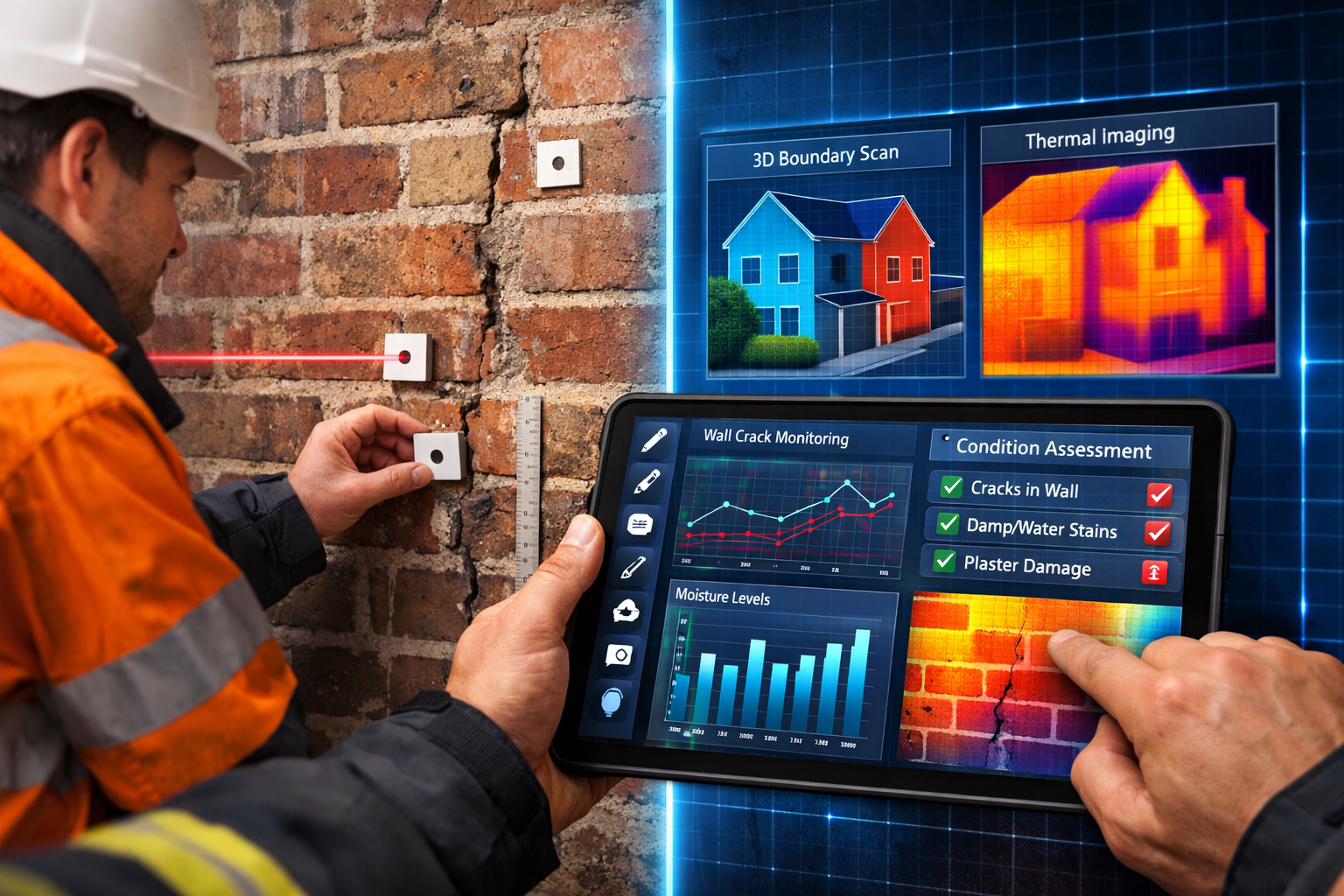 Detailed () image showing close-up of modern digital survey equipment in action at a party wall site. Scene features