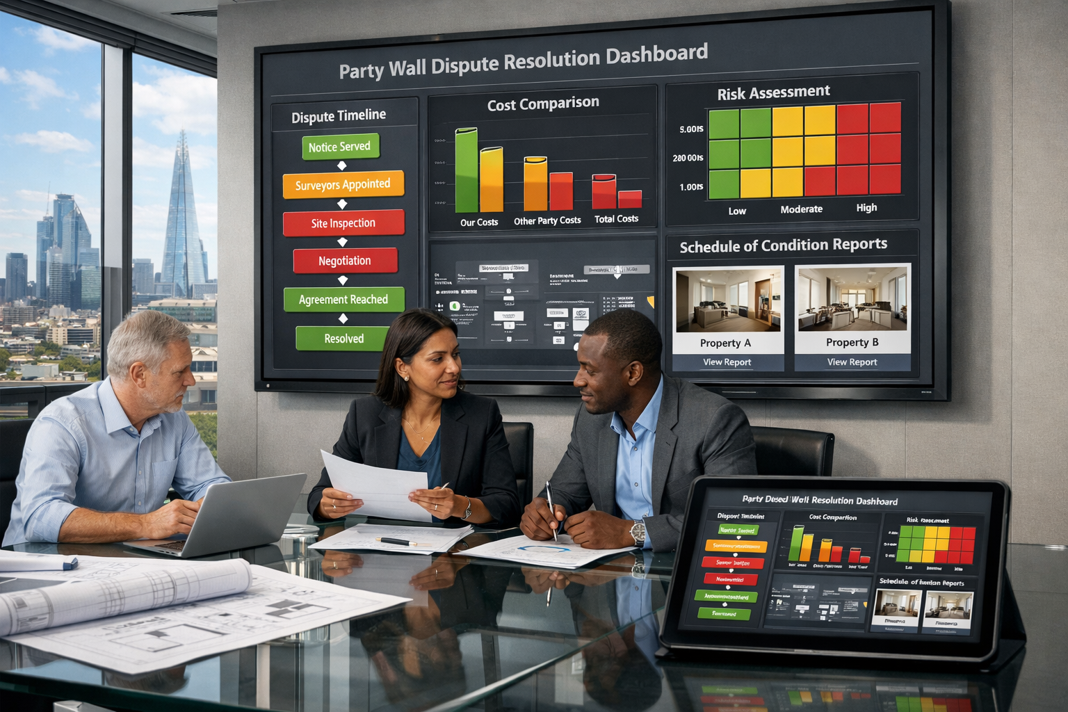 Wide-angle () image depicting a modern office meeting room with large wall-mounted screen displaying comprehensive party