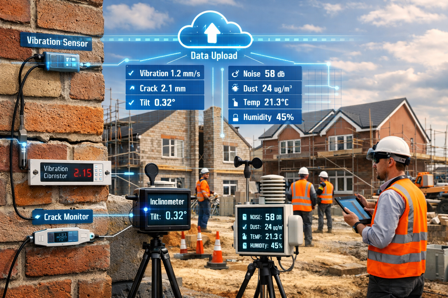Detailed () image showing futuristic construction site monitoring setup for party wall compliance in 2026. Scene features