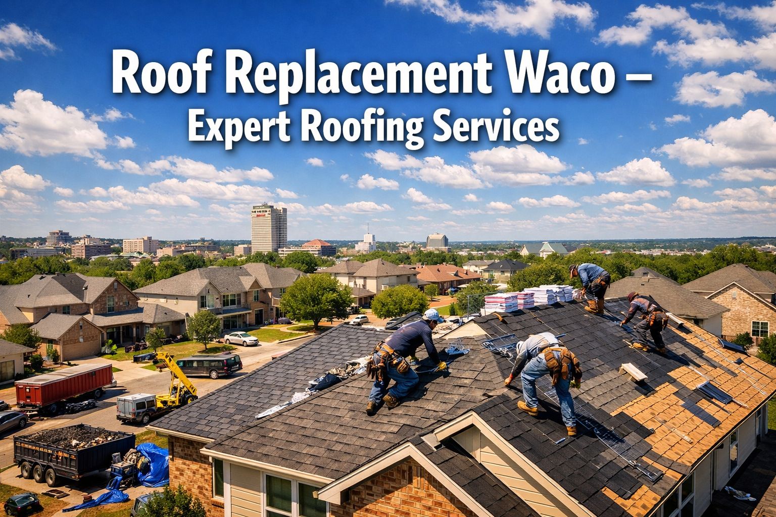Professional landscape hero image (1536x1024) featuring bold text overlay 'Roof Replacement Waco - Expert Roofing Services' in extra large 7