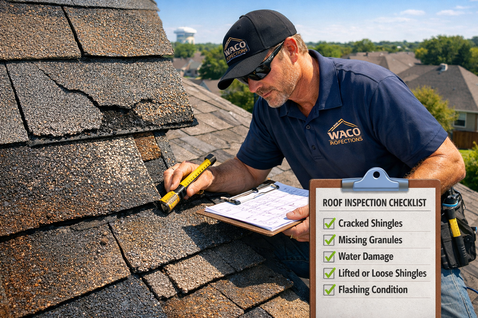 Detailed landscape image (1536x1024) showing professional roof inspection process in Waco Texas, certified inspector examining asphalt shing