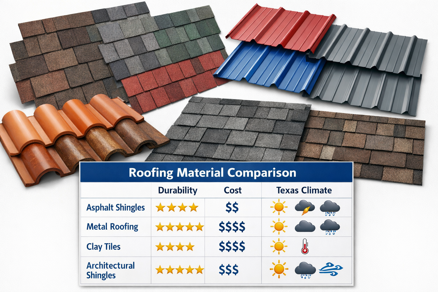 High-quality landscape image (1536x1024) displaying various roofing material samples arranged professionally, asphalt shingles in multiple c