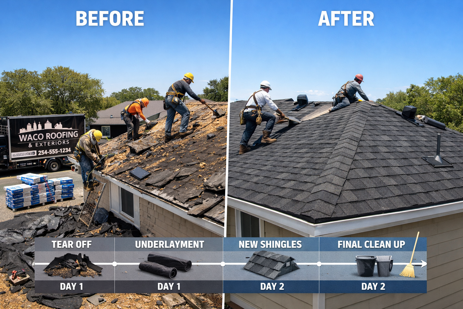 Professional landscape image (1536x1024) showing active roof replacement project in Waco neighborhood, skilled roofing crew removing old shi
