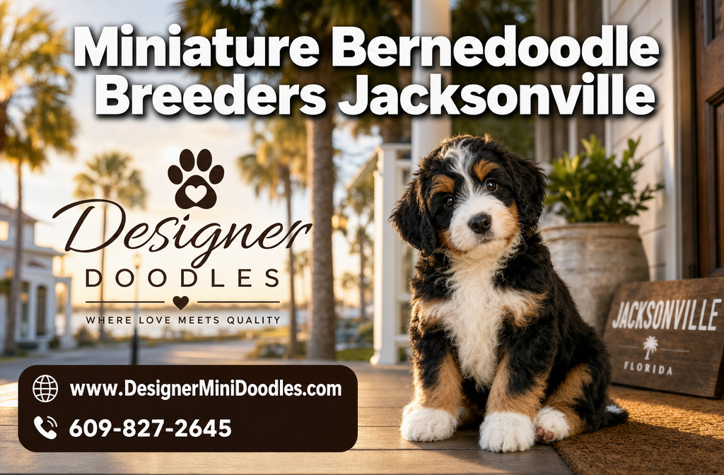 Professional () hero image with : 'Miniature Bernedoodle Breeders Jacksonville' in extra large white with dark effect,