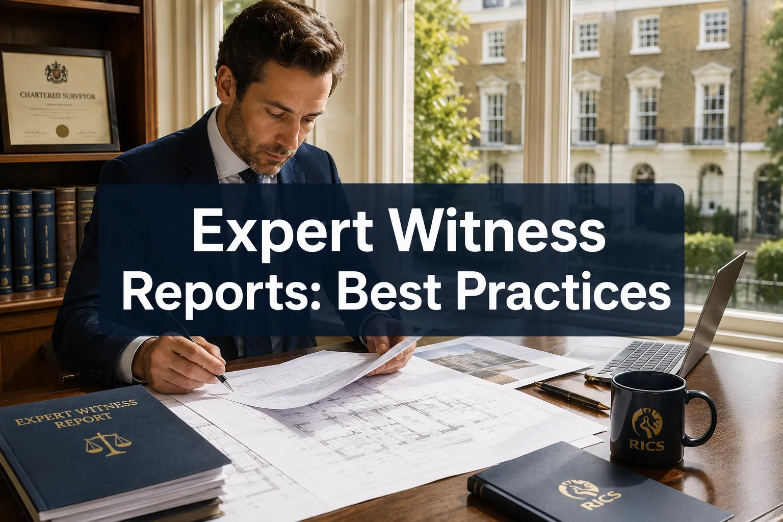Professional () hero image with (≤42 chars): 'Expert Witness Reports: Best Practices' in crisp white on a deep navy