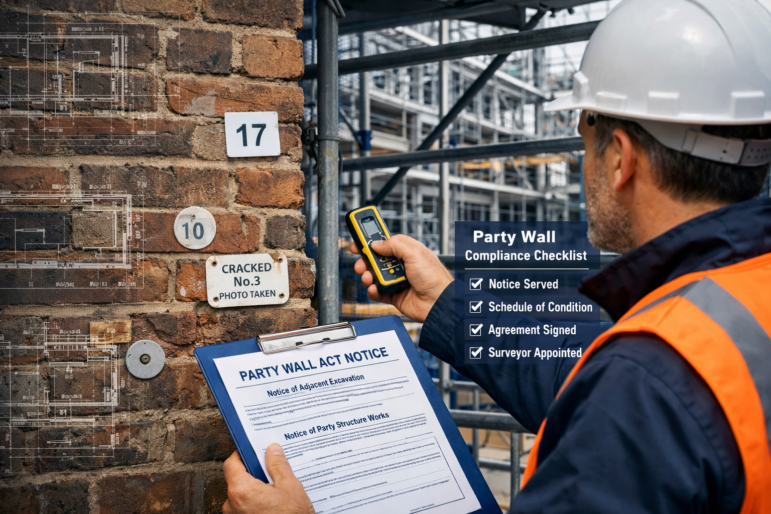 Detailed () image showing close-up of surveyor conducting party wall inspection at Liverpool construction site, background