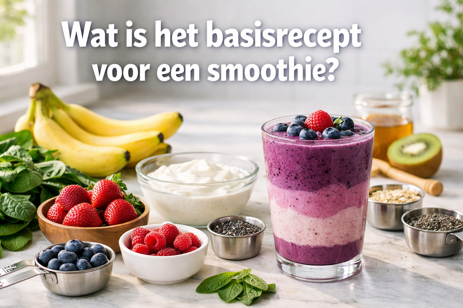 Professional landscape hero image (1536x1024) featuring bold text overlay 'Wat is het basisrecept voor een smoothie?' in extra large 72pt wh