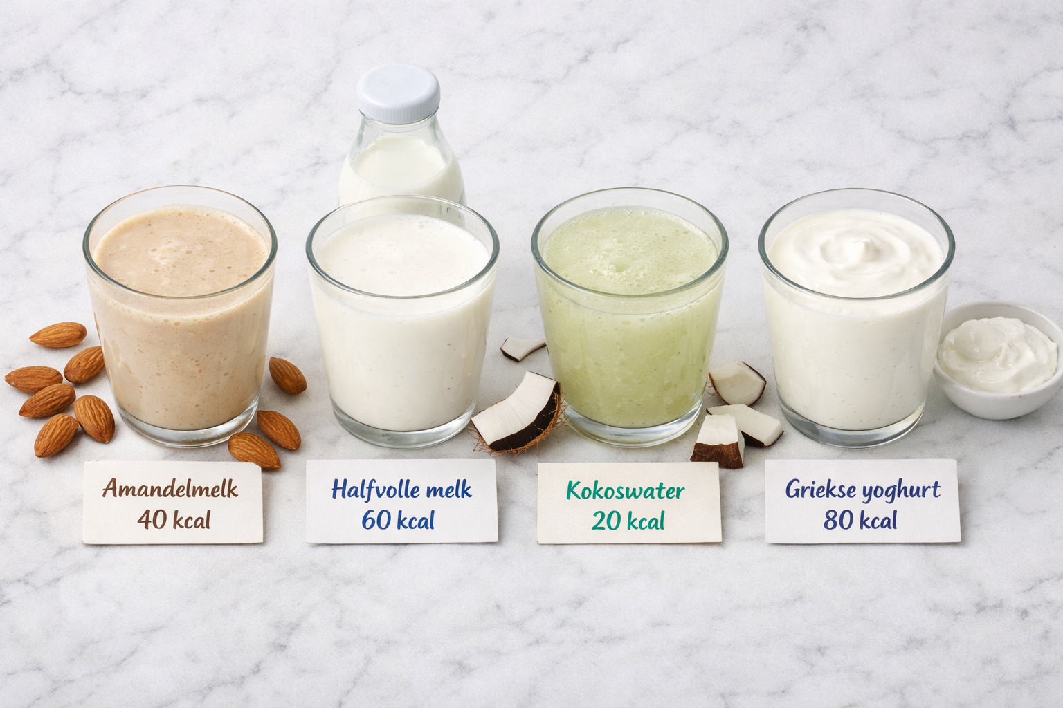 Overhead flat-lay photograph of four different smoothie glasses arranged in a row, each representing a different base liquid option. First g