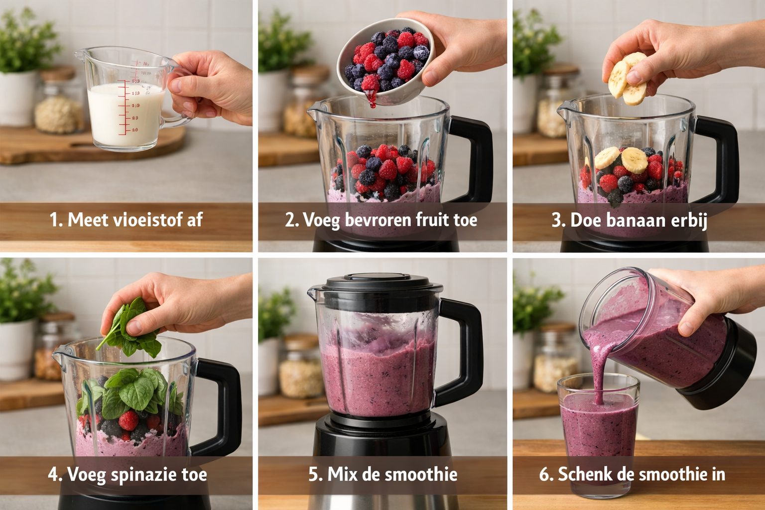 Step-by-step visual guide showing hands preparing a smoothie in six sequential photos arranged in two rows. Top row: measuring liquid in cup