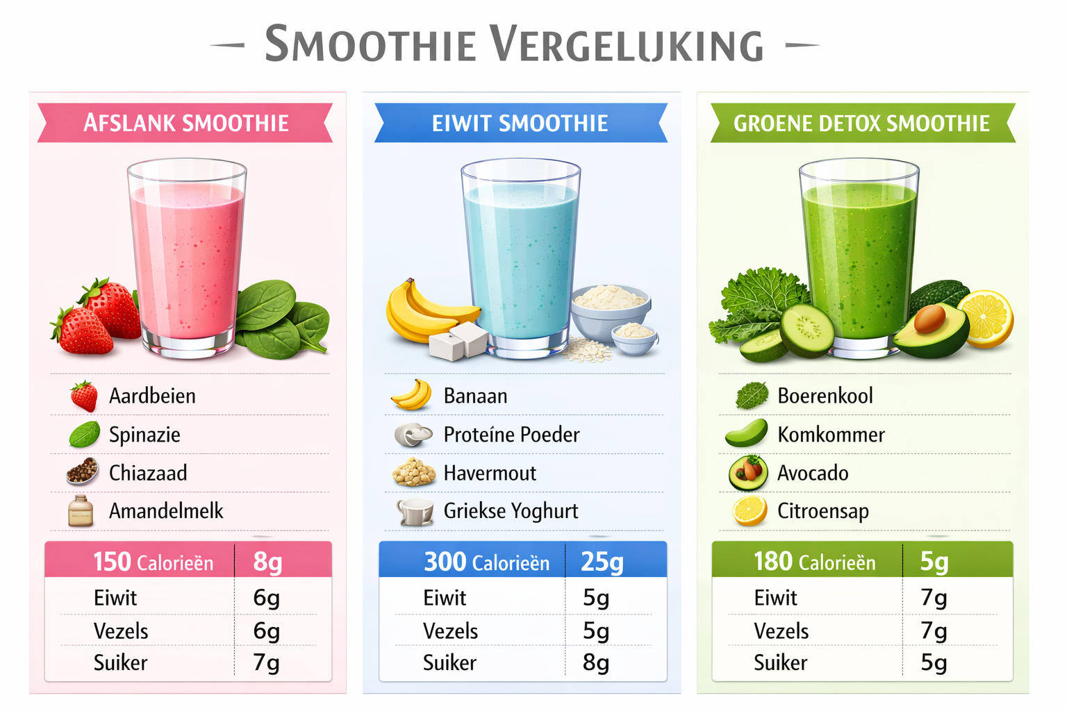 Nutritional comparison chart displayed as an attractive infographic showing three smoothie variations side-by-side: weight loss smoothie, pr