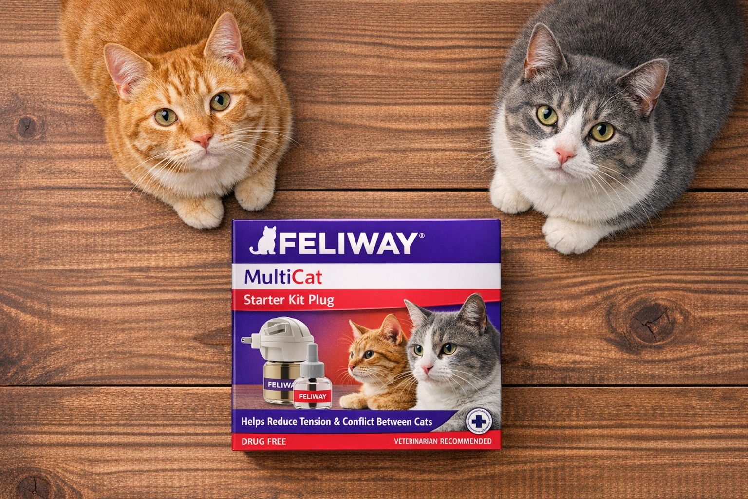 Feliway MultiCat Starter Kit Plug product packaging displayed on a wooden surface with two cats sitting calmly nearby,