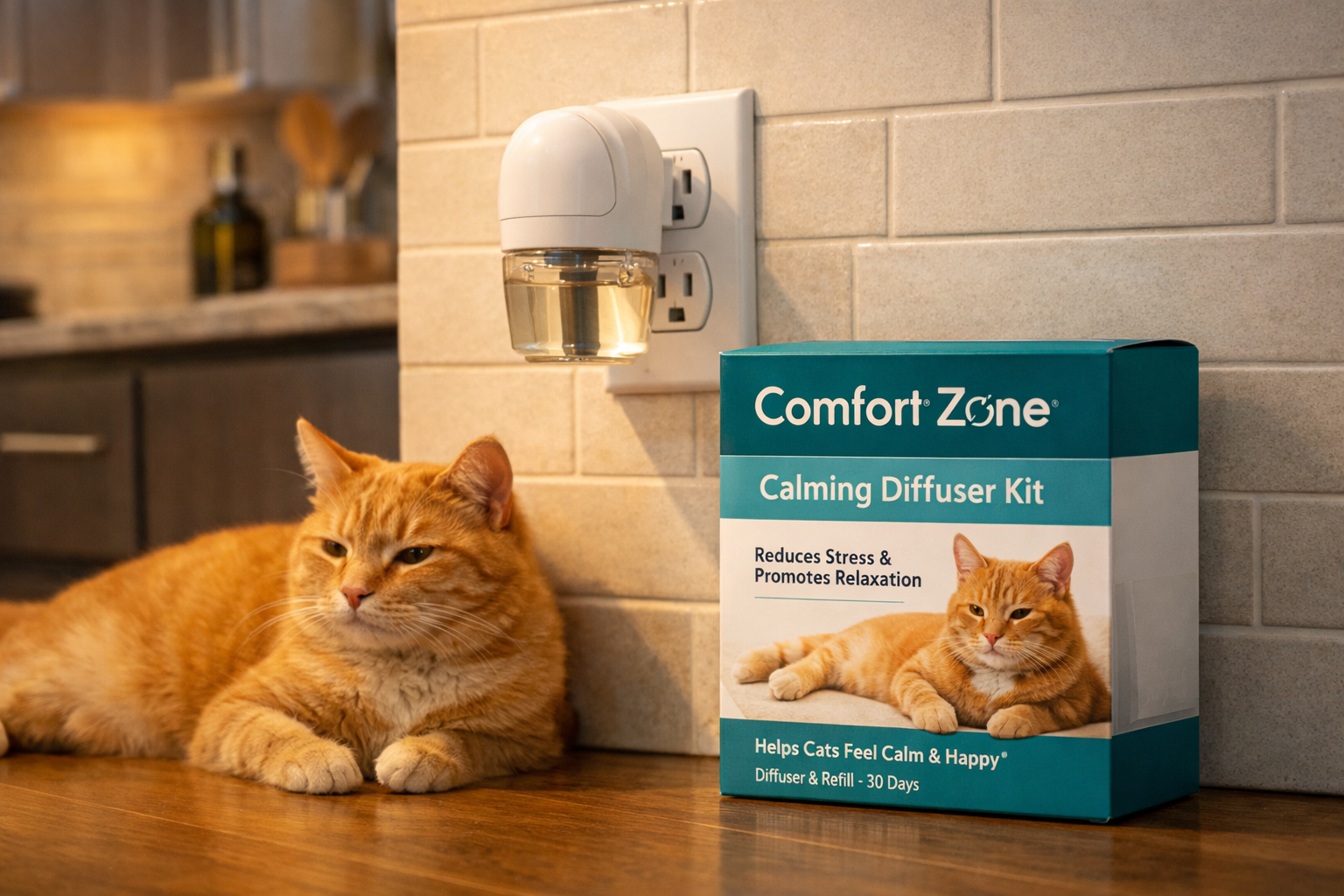 Comfort Zone Calming Diffuser Kit shown plugged into a wall outlet in a modern kitchen, teal and white packaging beside it,