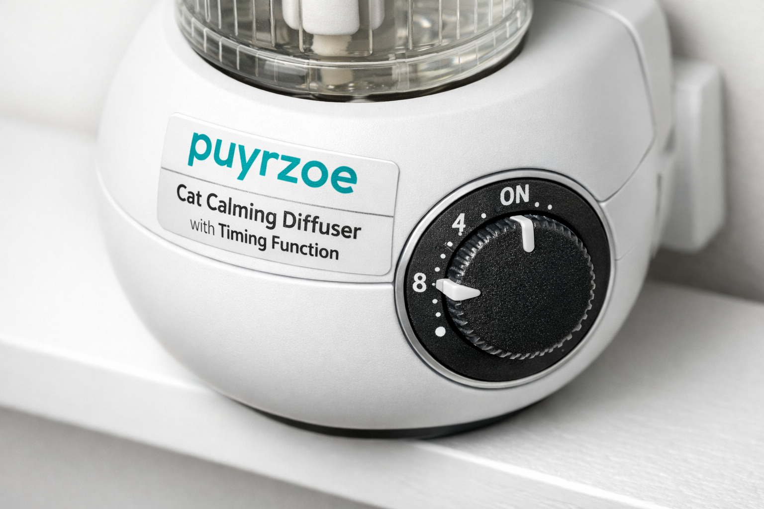 Puyrzoe Cat Calming Diffuser with Timing Function displayed on a minimalist white shelf with its digital timer dial