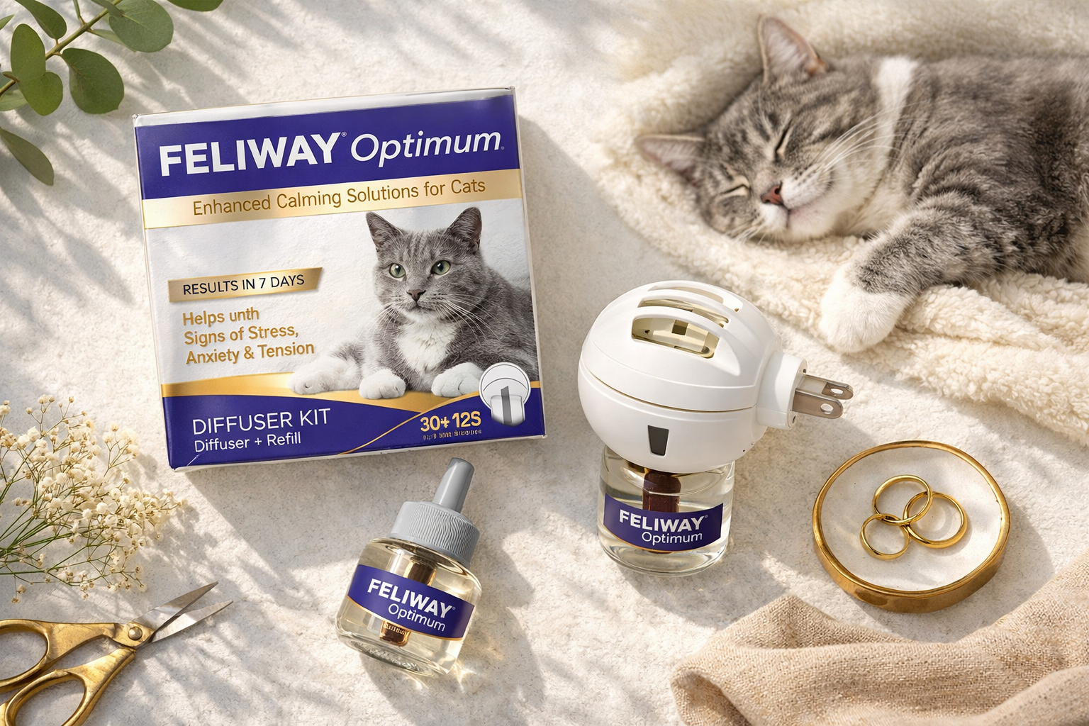 Feliway Optimum Diffuser Kit arranged in a styled flat lay with its refill vial, diffuser unit, and gold-accented packaging,