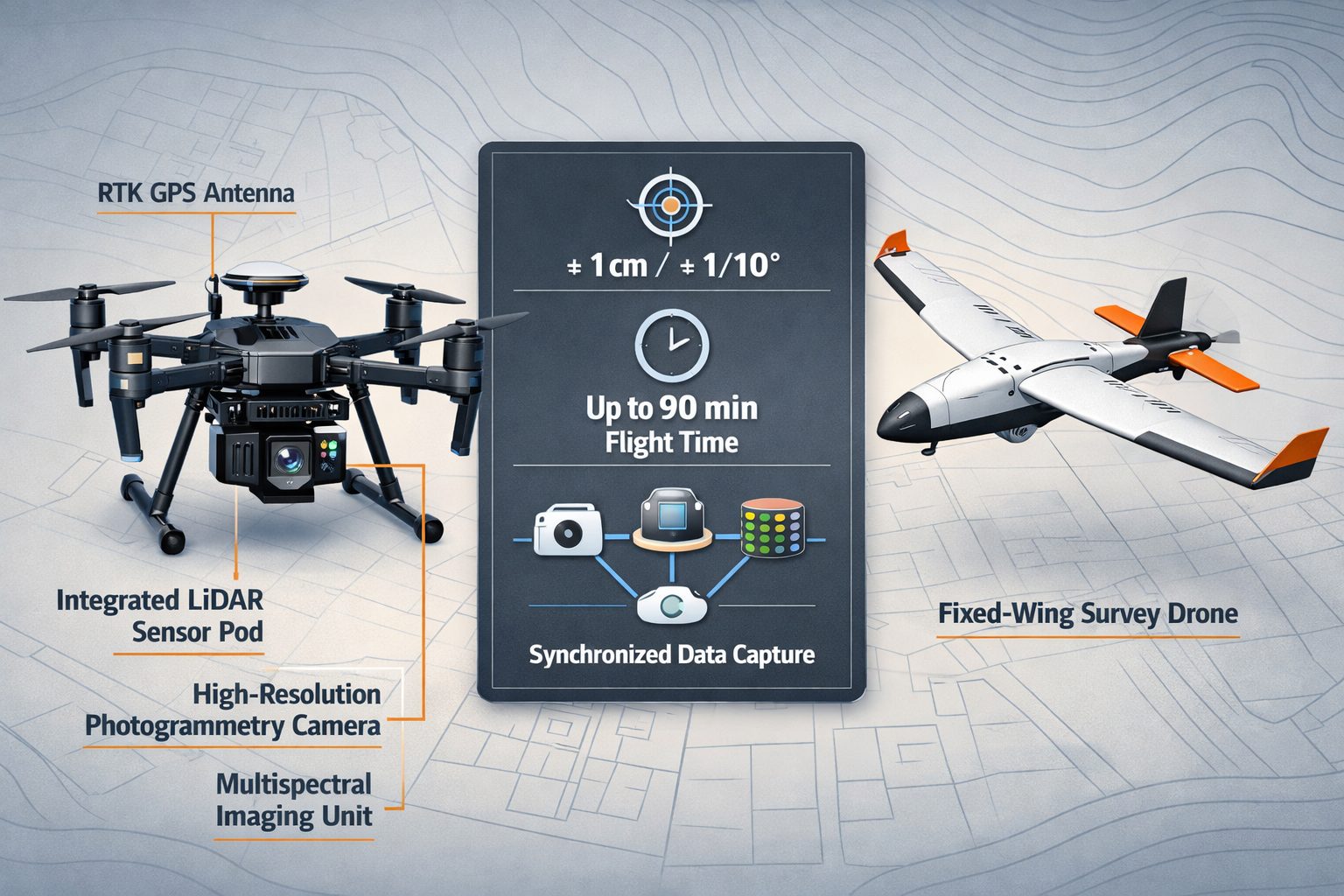 Landscape format (1536x1024) detailed illustration showing side-by-side comparison of modern UAV drone systems. Left side displays sleek mul