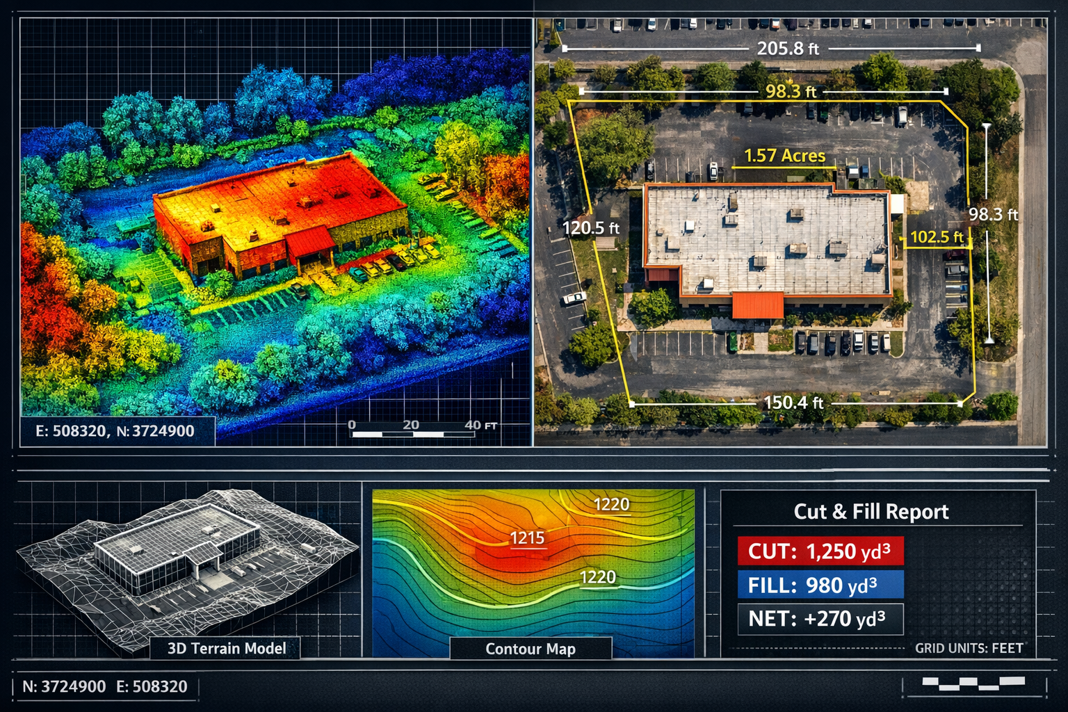 Landscape format (1536x1024) visualization demonstrating LiDAR and photogrammetry data outputs for property surveying. Split-screen composit