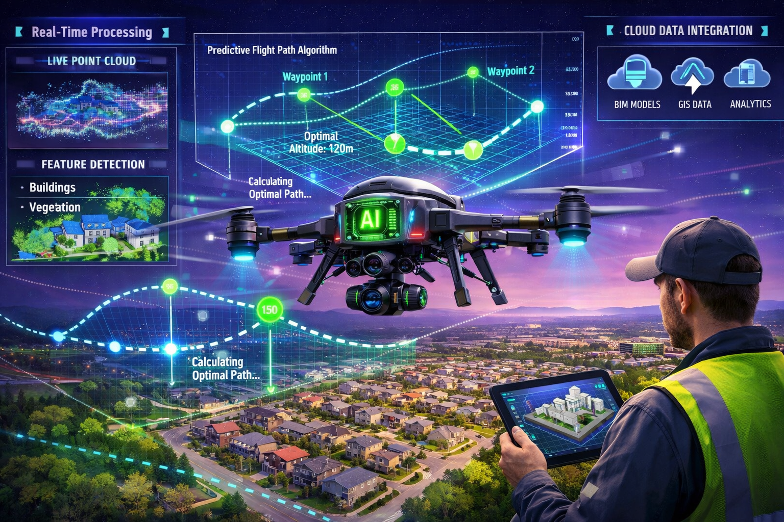 Landscape format (1536x1024) futuristic illustration showcasing AI-powered autonomous drone surveying workflow for 2026. Central focus on ad