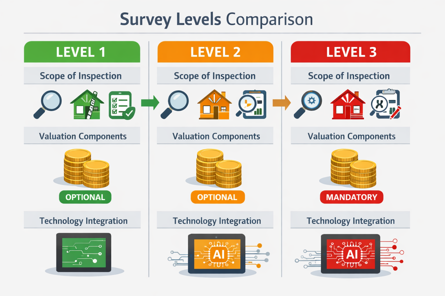() technical illustration showing side-by-side comparison chart of survey levels with three columns labeled Level 1, Level