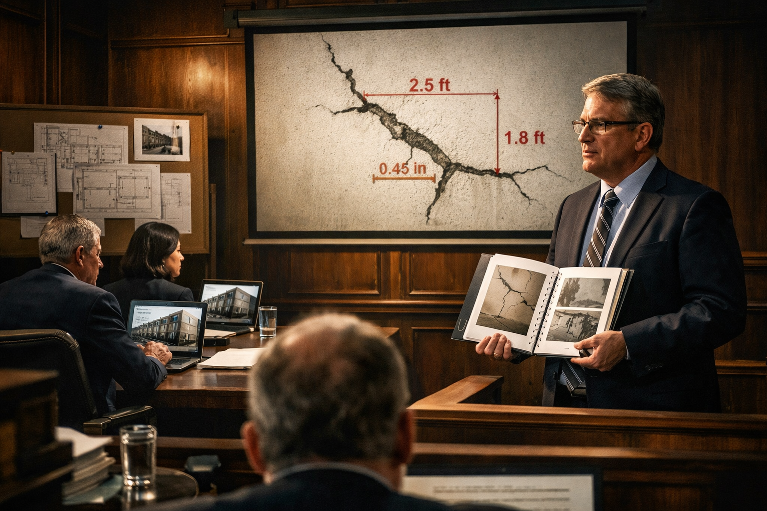 () conceptual image depicting courtroom litigation scene from judge's perspective, expert witness in professional attire