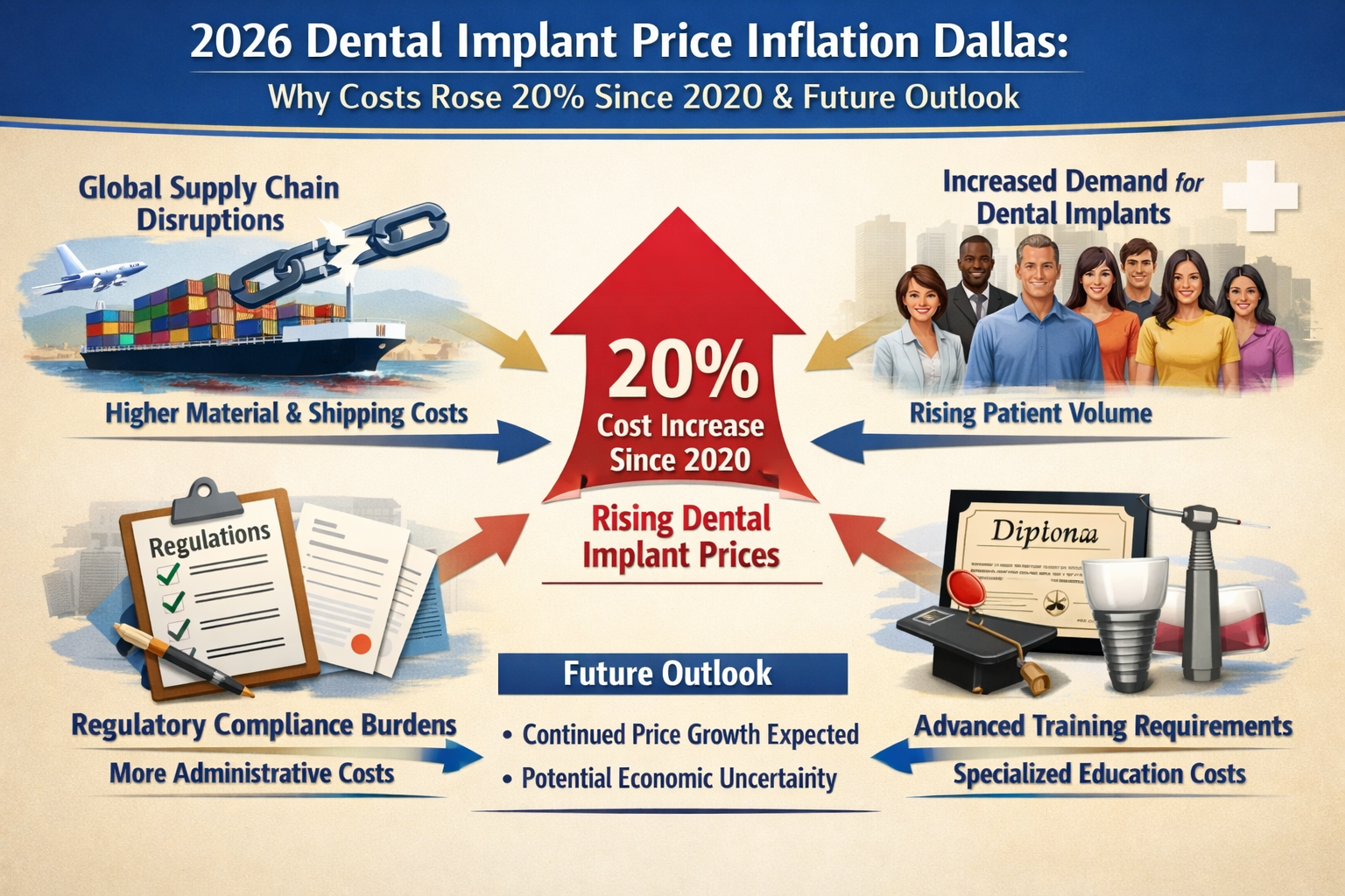 A landscape format (1536x1024) visual depicting various economic factors impacting dental implant costs. This could be a complex chart with 