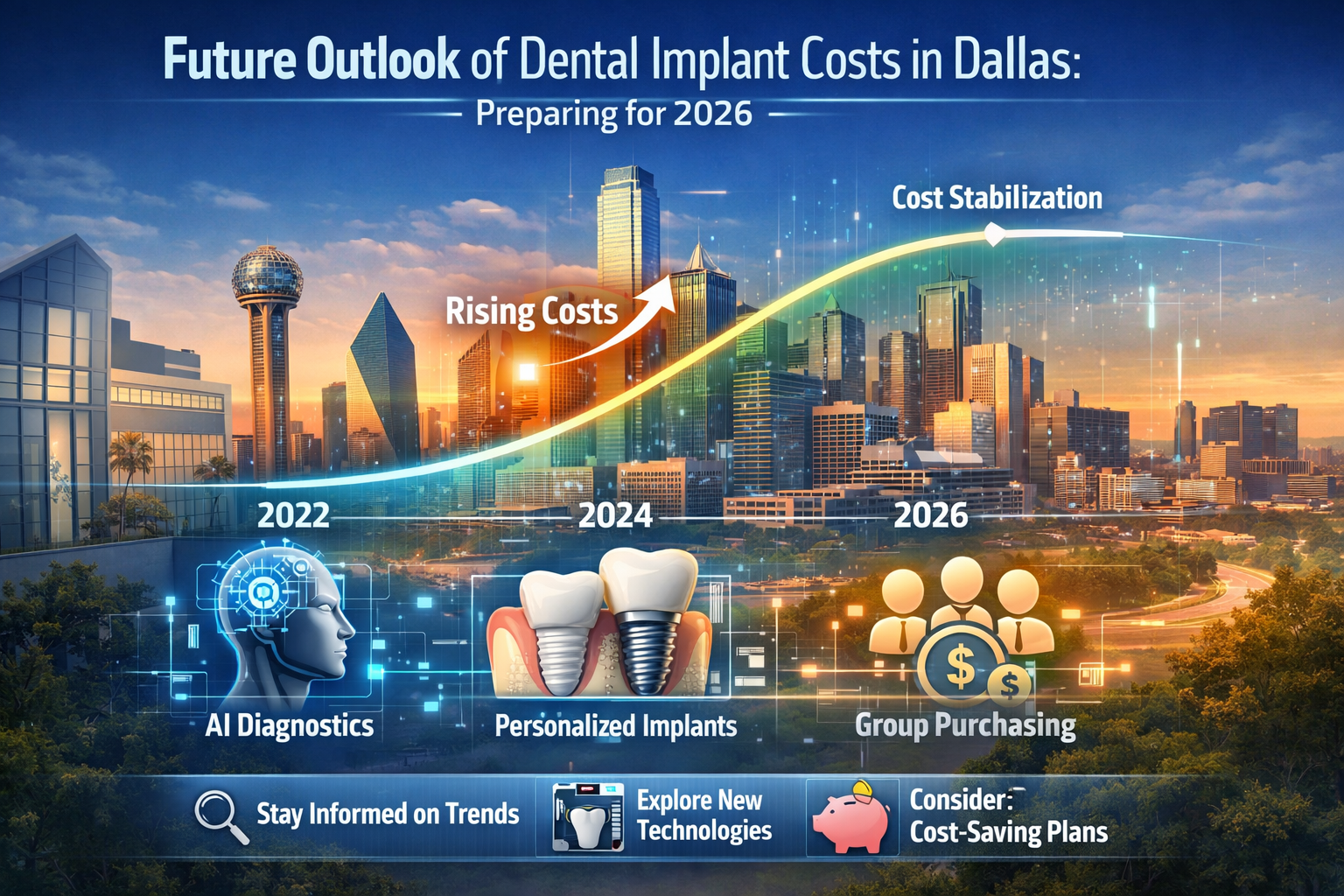 A landscape format (1536x1024) visual forecast for the future of dental implant costs in Dallas. This image should incorporate a futuristic 