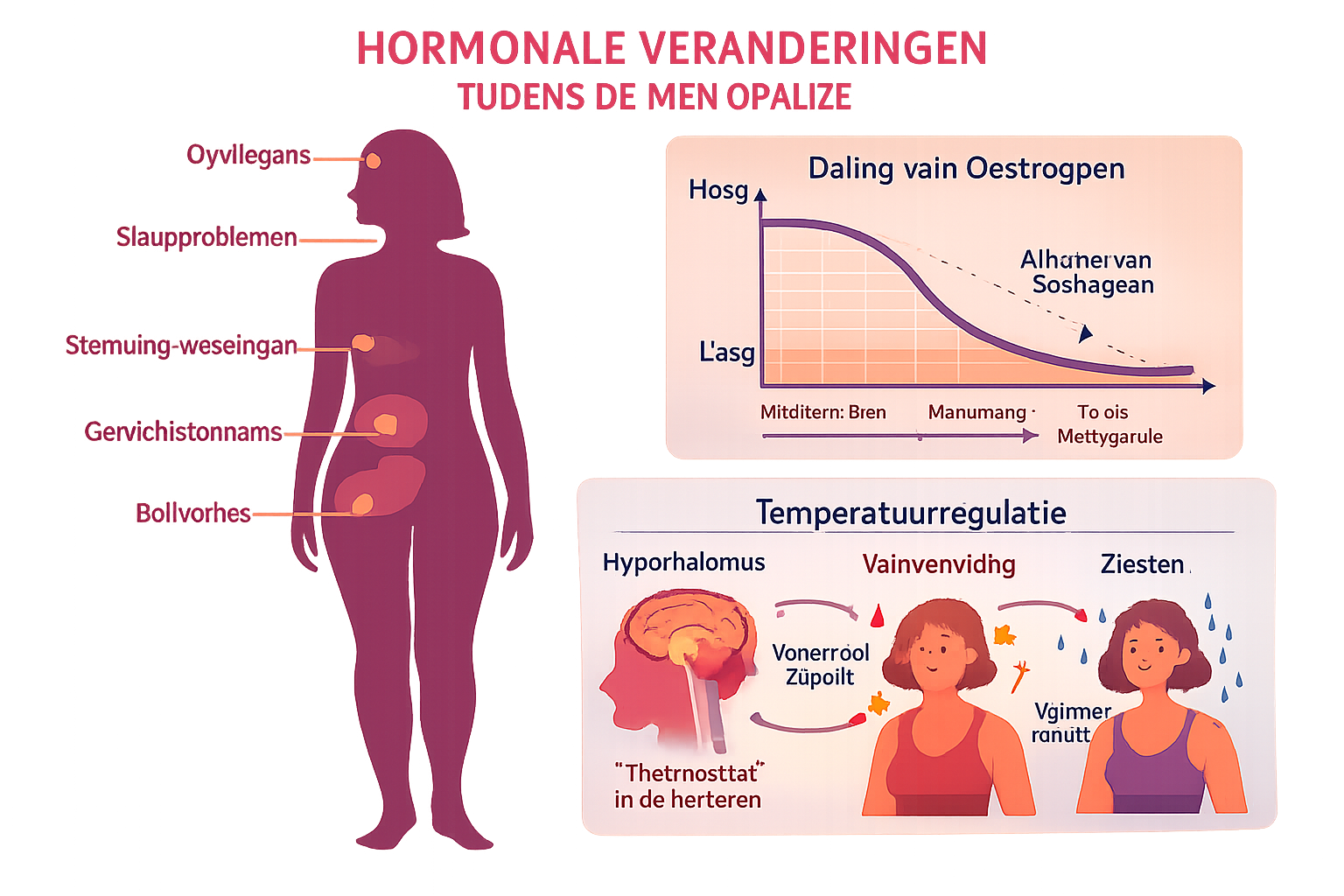 Infographic showing female body silhouette with hormonal changes during menopause, estrogen decline graph, and temperature regulation system