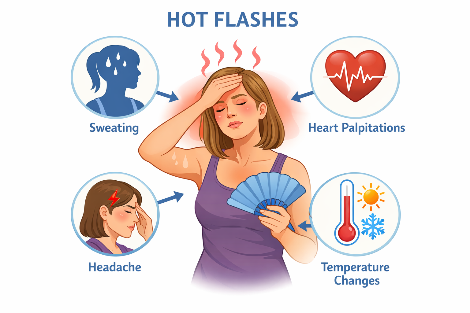 Visual symptom checker showing woman experiencing hot flashes with icons for sweating, heart palpitations, headache, and temperature changes