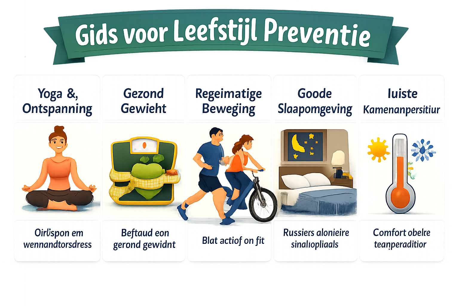 Lifestyle prevention guide infographic with icons for yoga/relaxation, healthy weight, exercise, proper sleep environment, and room temperat