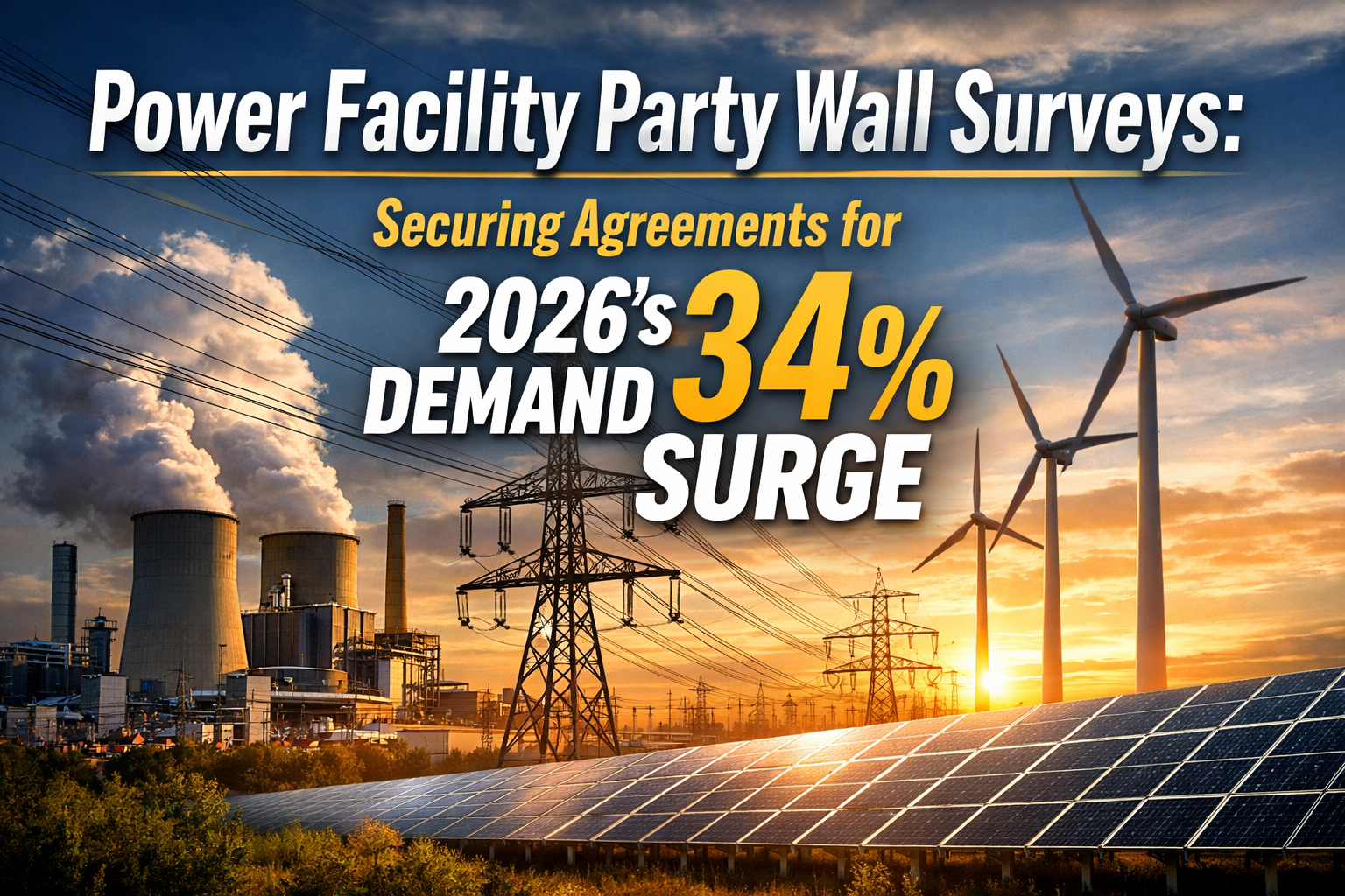 Professional landscape hero image (1536x1024) with bold text overlay: "Power Facility Party Wall Surveys: Securing Agreements for 2026's 34%