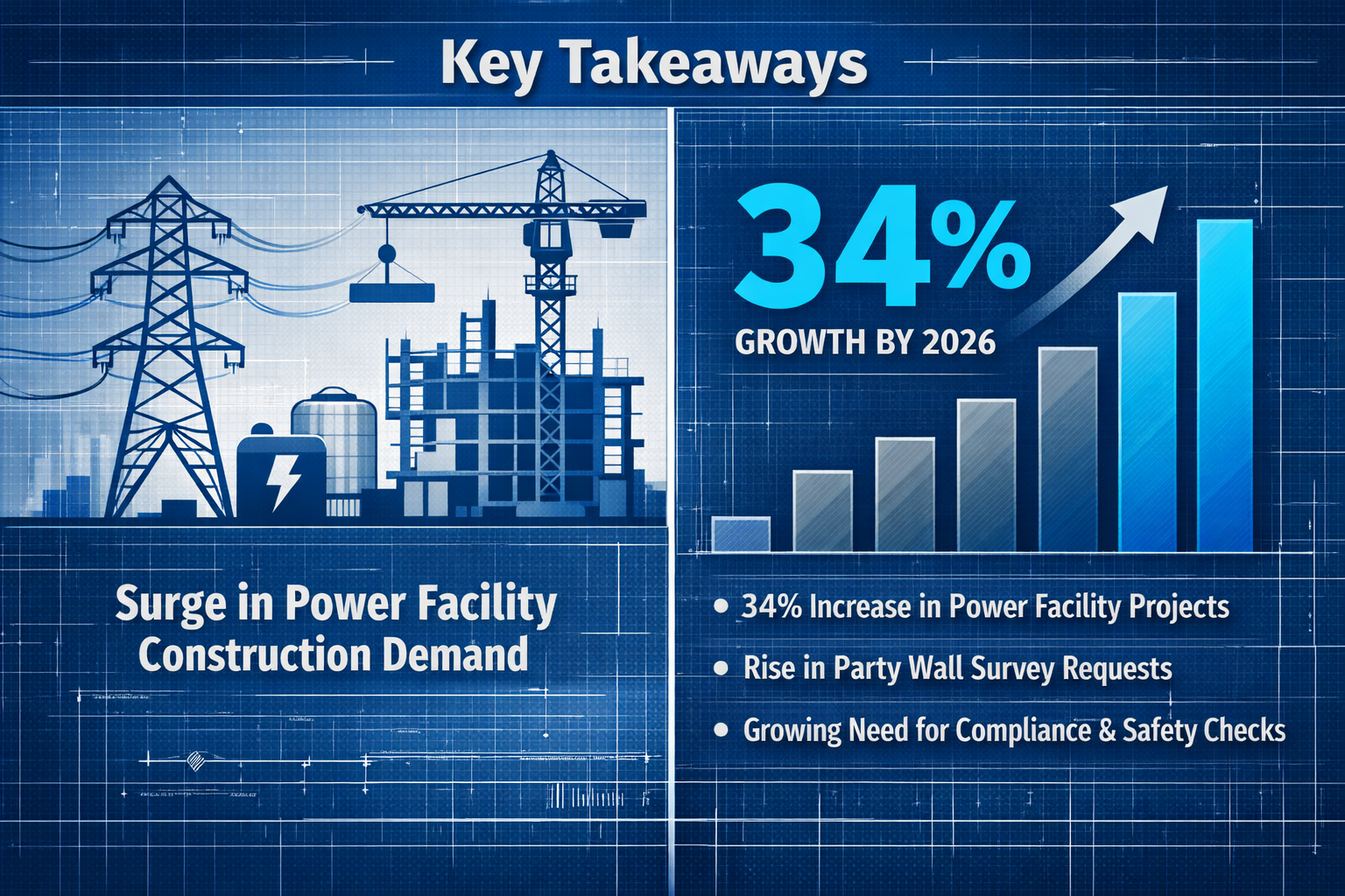 Key Takeaways section infographic: Split-screen design visualizing 2026 power facility construction demand surge, with 34% growth statistic