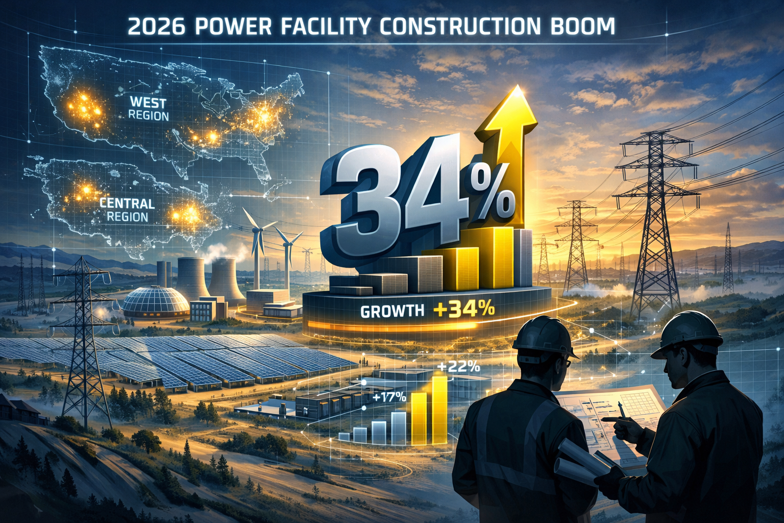 Understanding 2026 Power Facility Construction Boom visualization: Expansive landscape showing electrical infrastructure transformation, fea