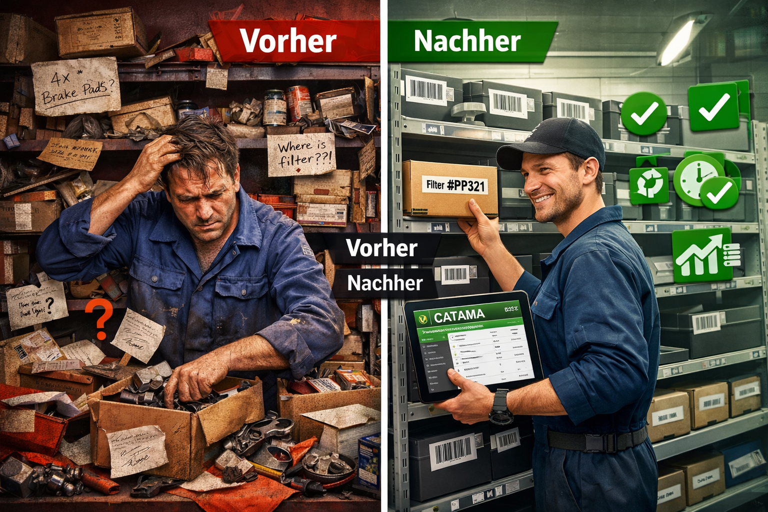 Detailed landscape format (1536x1024) image showing split-screen comparison of traditional workshop chaos versus structured digital inventor