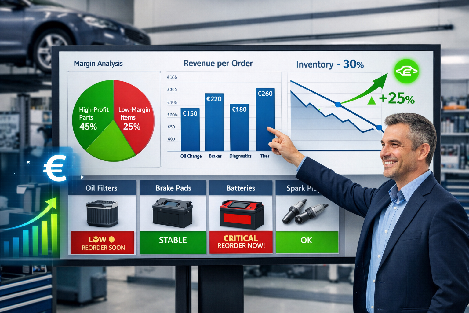 Detailed landscape format (1536x1024) image depicting data analytics dashboard for automotive workshop revenue optimization. Large central s