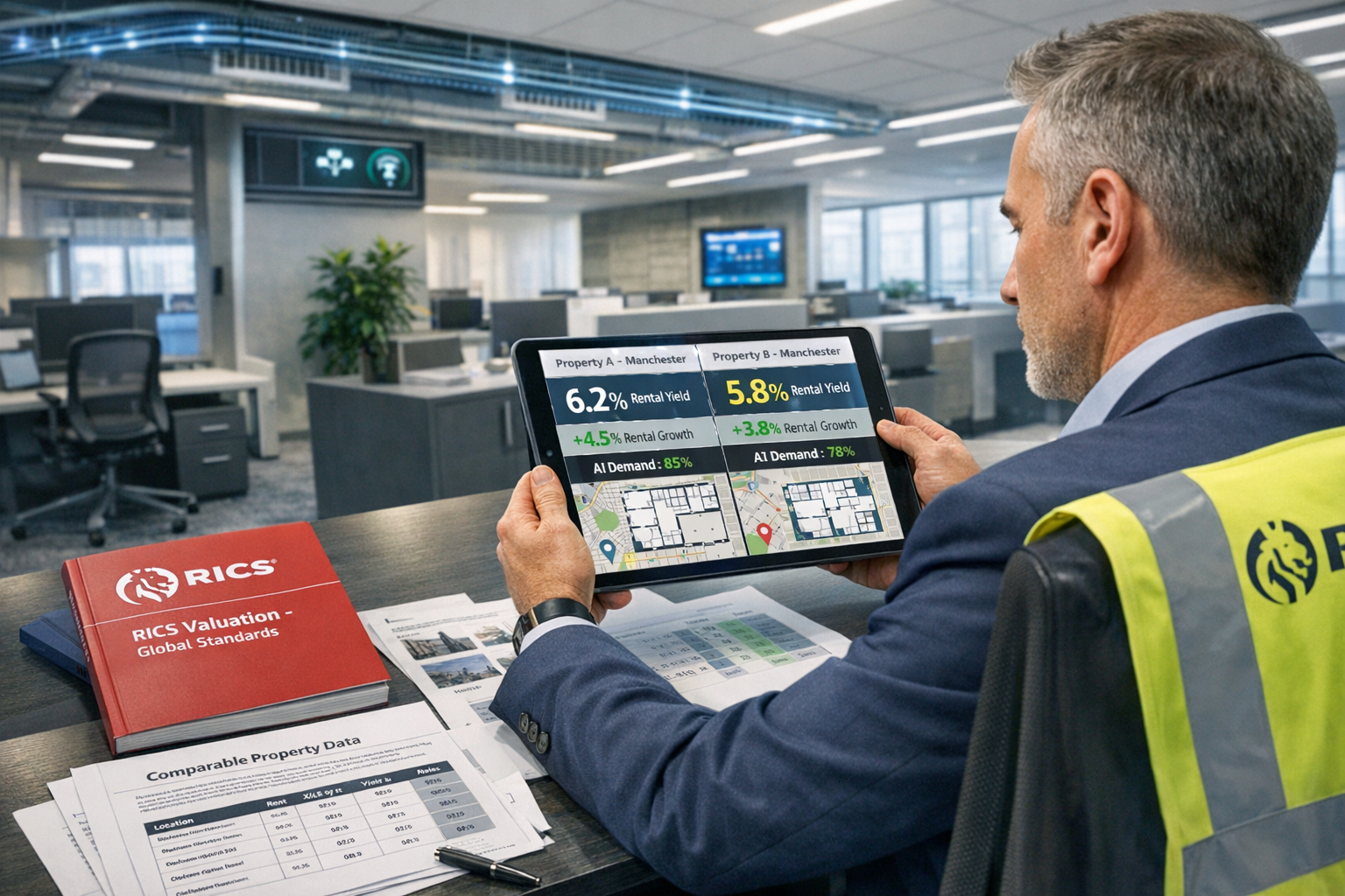 Detailed () image showing professional RICS chartered surveyor conducting comparative market analysis in modern regional