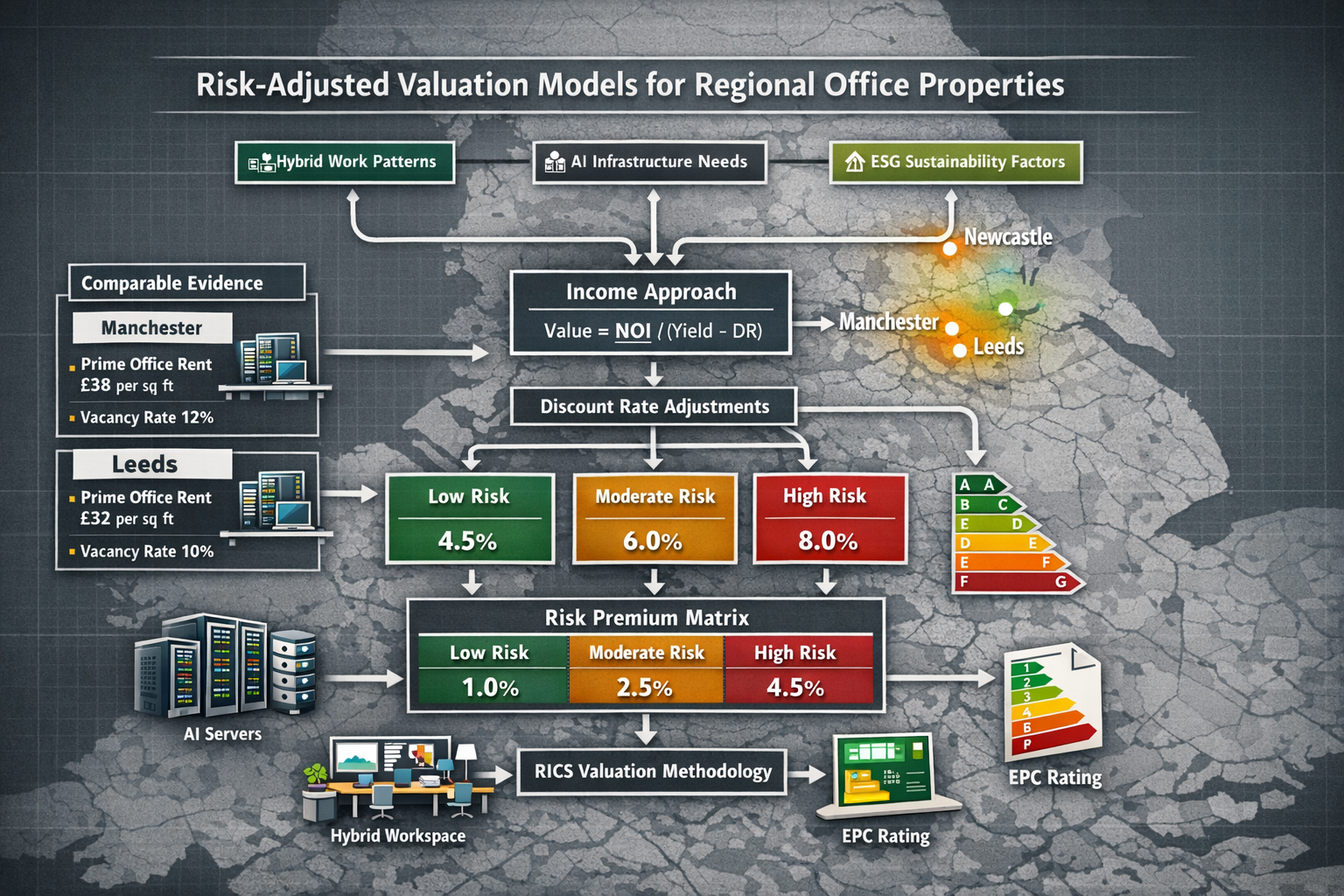 Comprehensive () infographic-style image illustrating risk-adjusted valuation models for regional office properties. Central