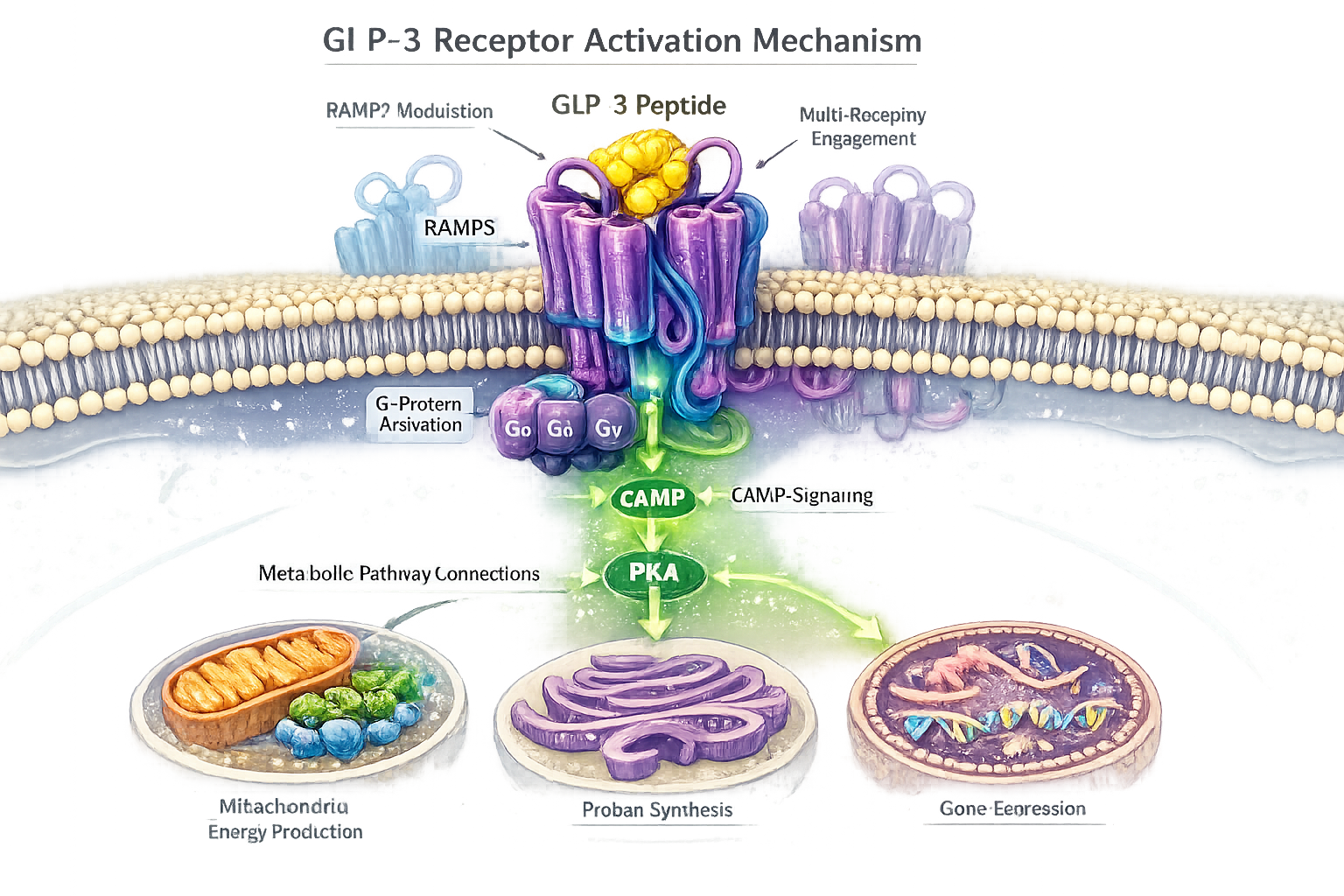 Landscape format (1536x1024) detailed scientific illustration showing GLP-3 receptor activation mechanism with cross-sectional view of cell 