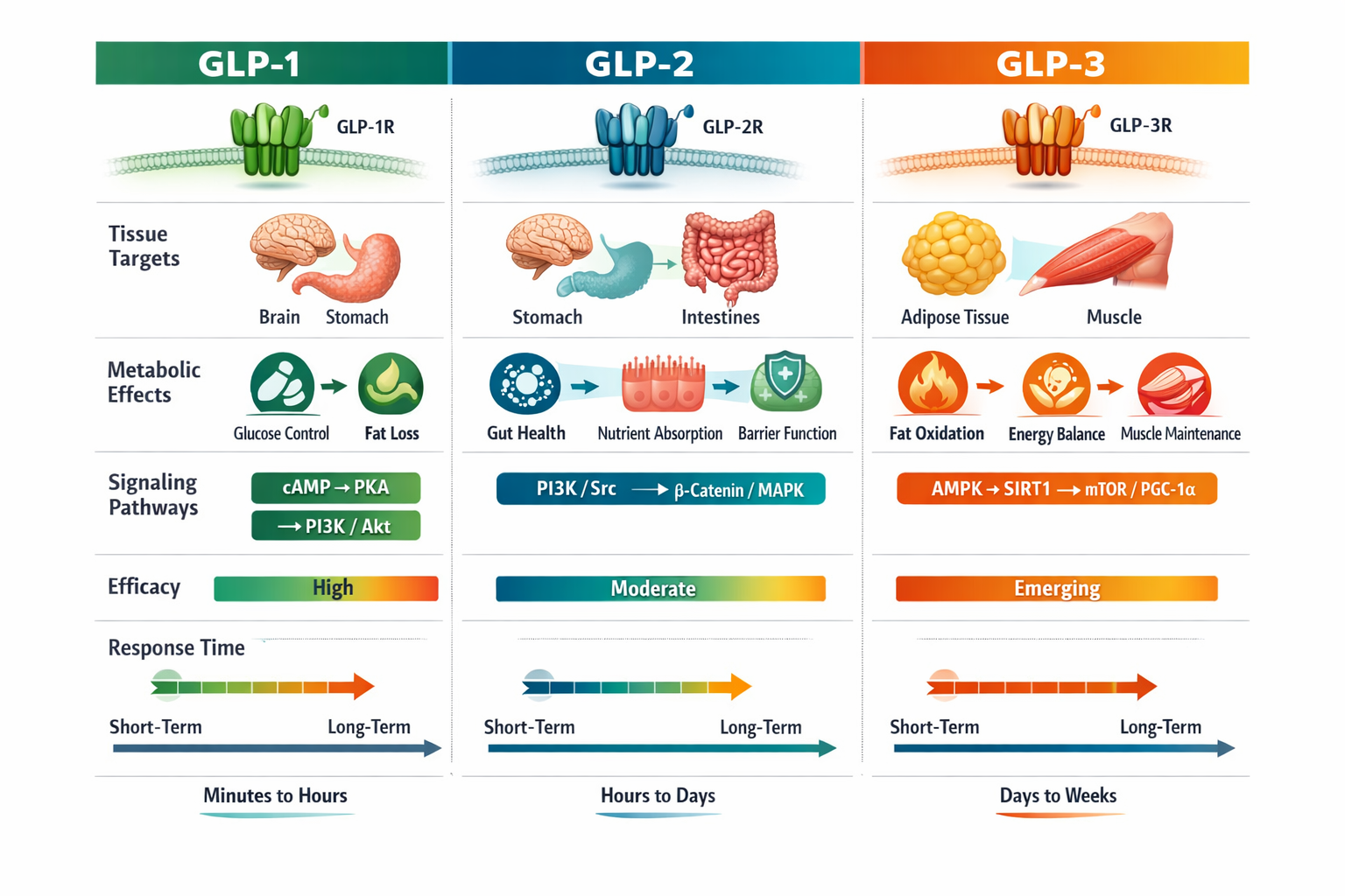 Landscape format (1536x1024) comprehensive comparison infographic displaying three parallel columns comparing GLP-1, GLP-2, and GLP-3 peptid