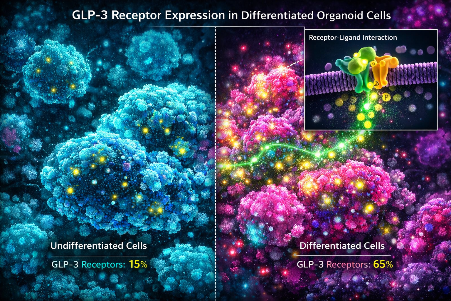 Landscape format (1536x1024) detailed cellular organoid culture visualization showing GLP-3 receptor expression in differentiated cells. Mic