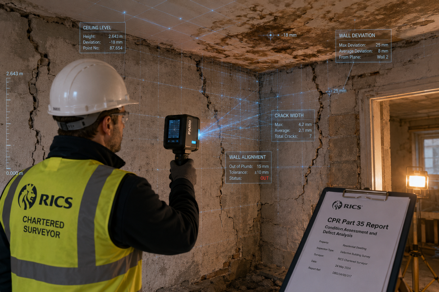 Wide-angle forensic building survey scene: a RICS-chartered surveyor in hard hat and hi-vis vest using a handheld laser
