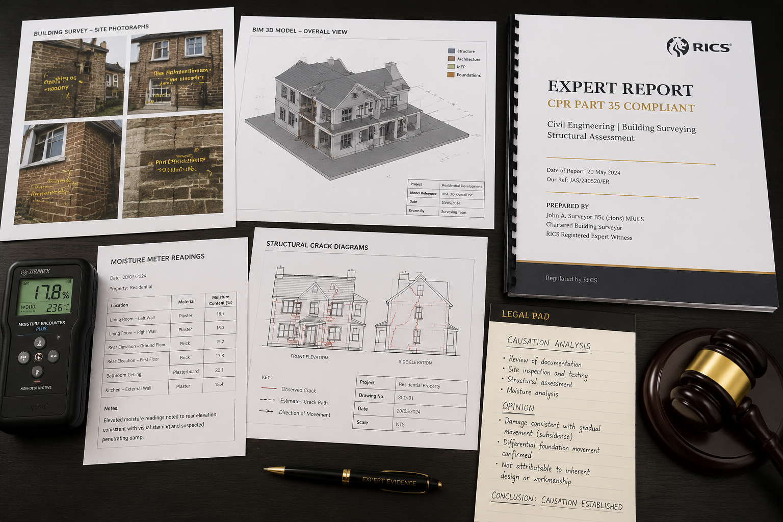 Close-up overhead flat-lay of a courtroom evidence table showing organized expert witness materials: annotated building