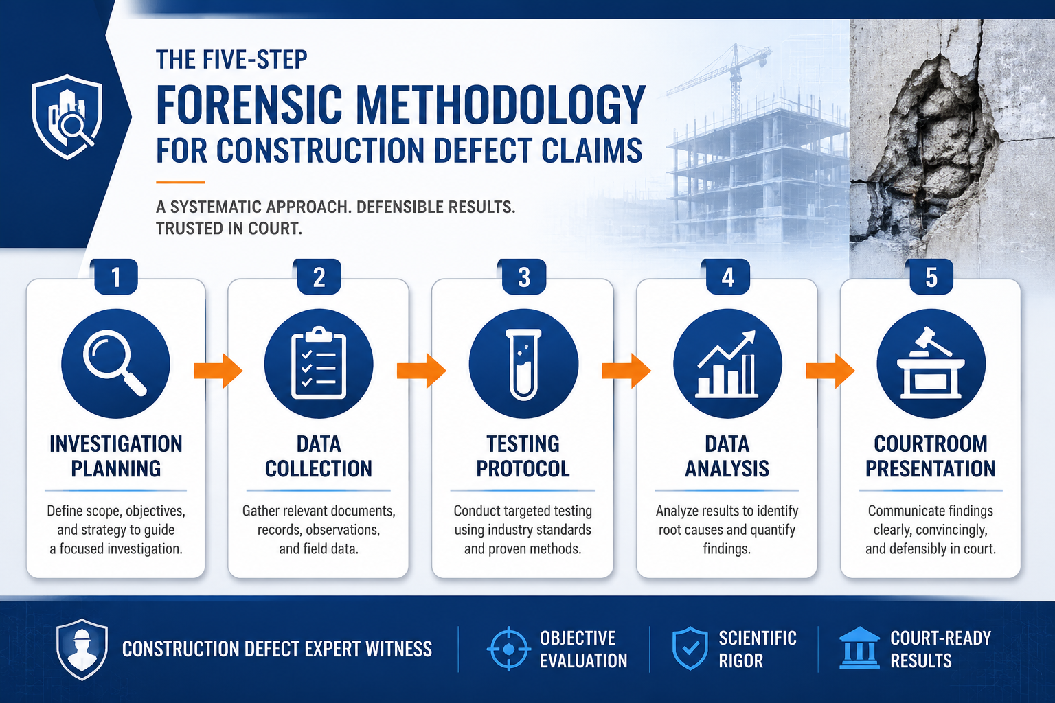 Dynamic split-panel infographic-style illustration showing the five-step forensic methodology for construction defect