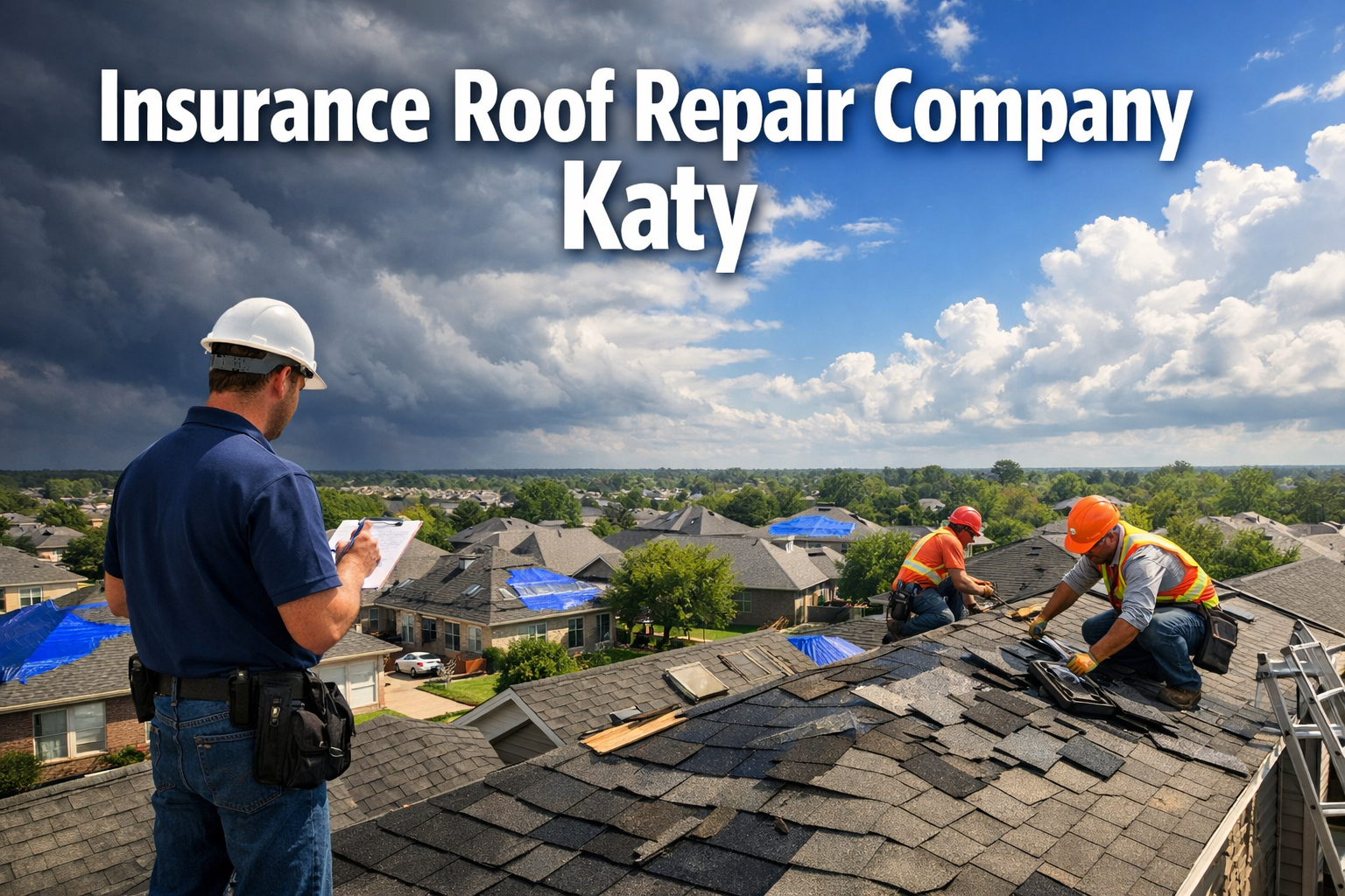 Professional landscape hero image (1536x1024) featuring bold text overlay 'Insurance Roof Repair Company Katy' in extra large 72pt white san
