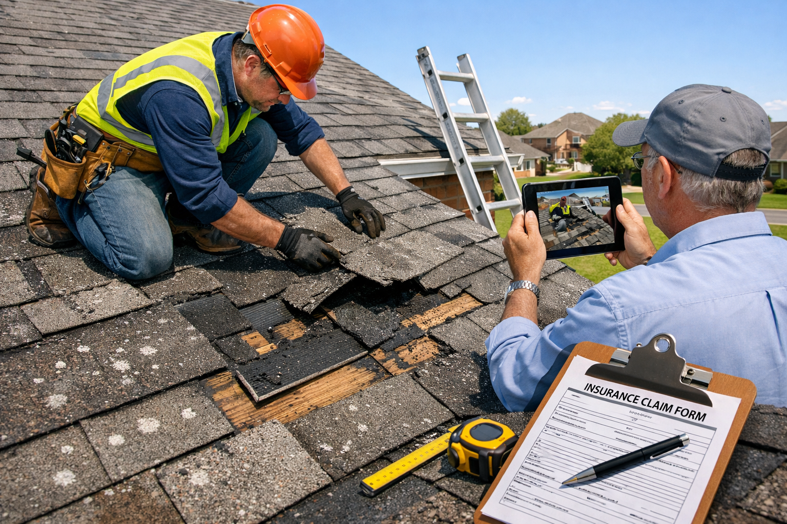 Professional roofing contractor in safety gear inspecting storm-damaged asphalt shingles on residential home in Katy Texas, insurance adjust