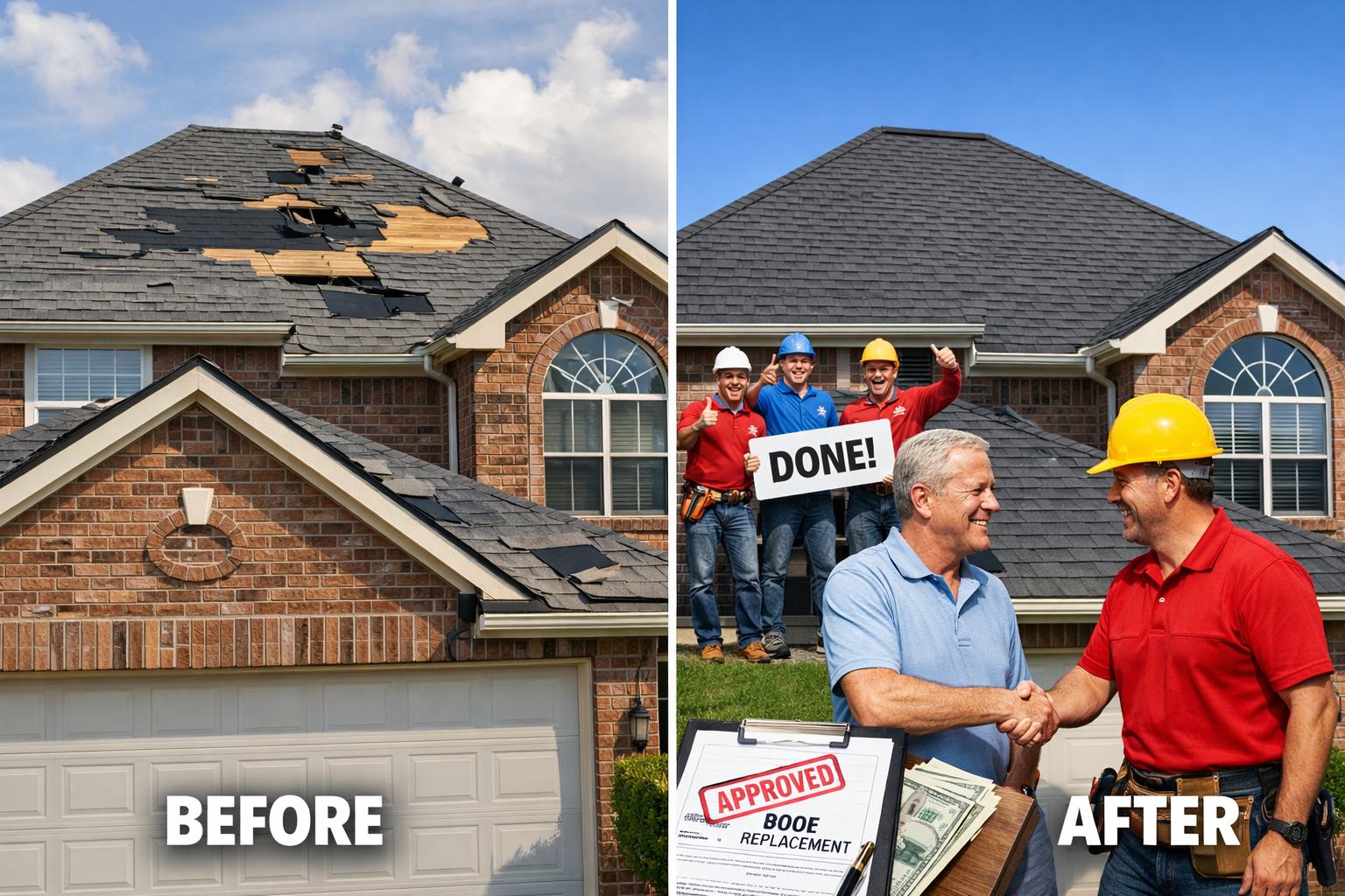 Split-screen comparison showing before and after roof repair, left side displays storm-damaged roof with missing shingles and exposed underl