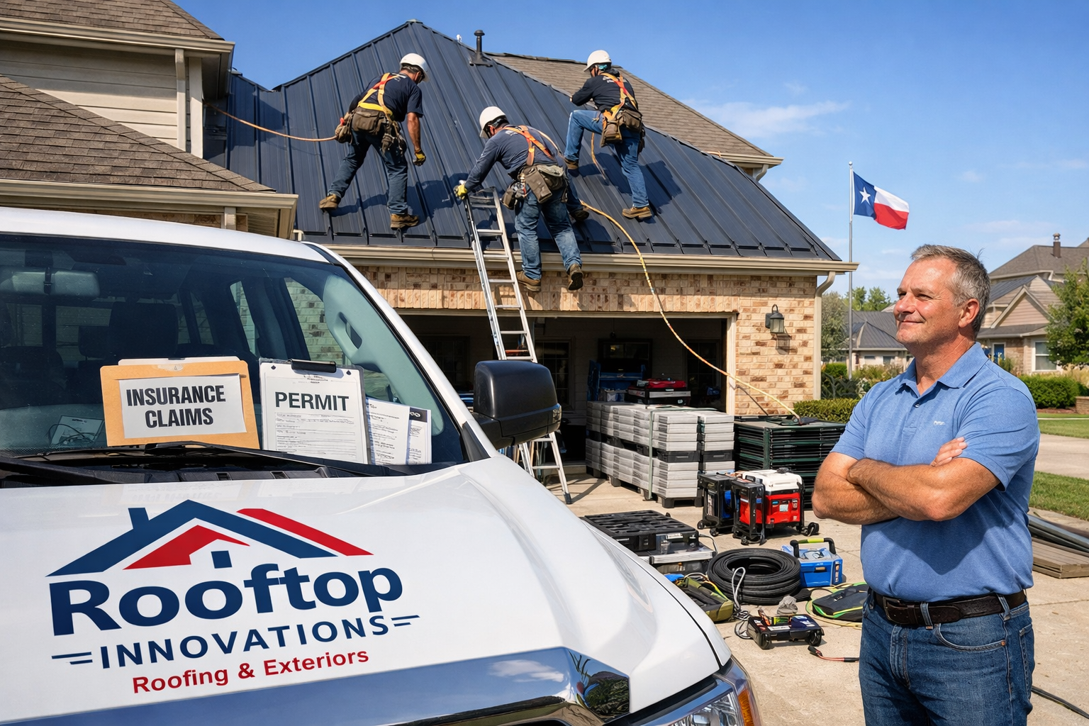 Professional roofing team installing new metal roof on Katy Texas home, workers in safety gear using modern equipment, insurance paperwork a