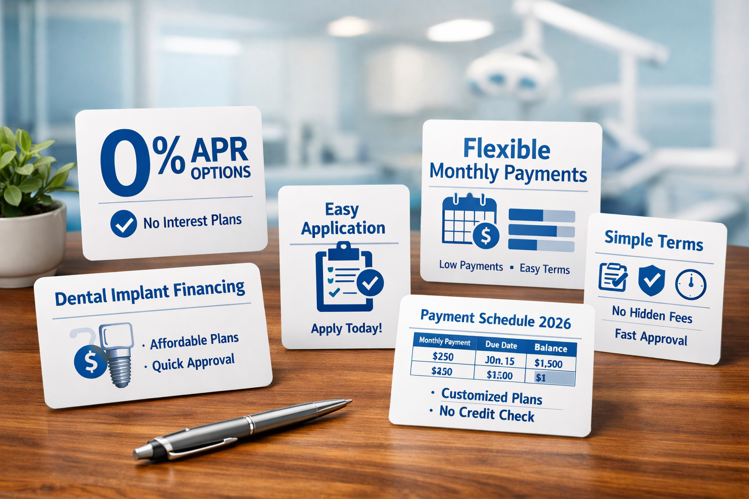 A detailed () image illustrating various in-house dental financing documents, stylized as clean, laid out on a polished