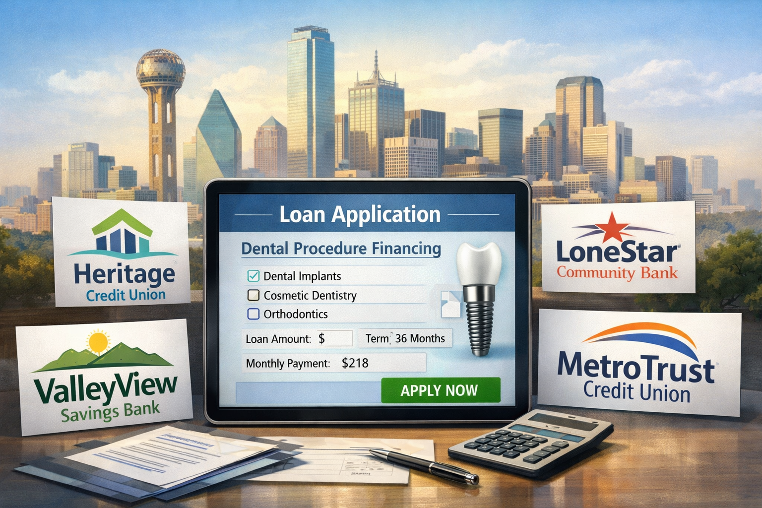 A () image visualizing local Dallas financial institutions. The foreground features stylized logos of generic local credit