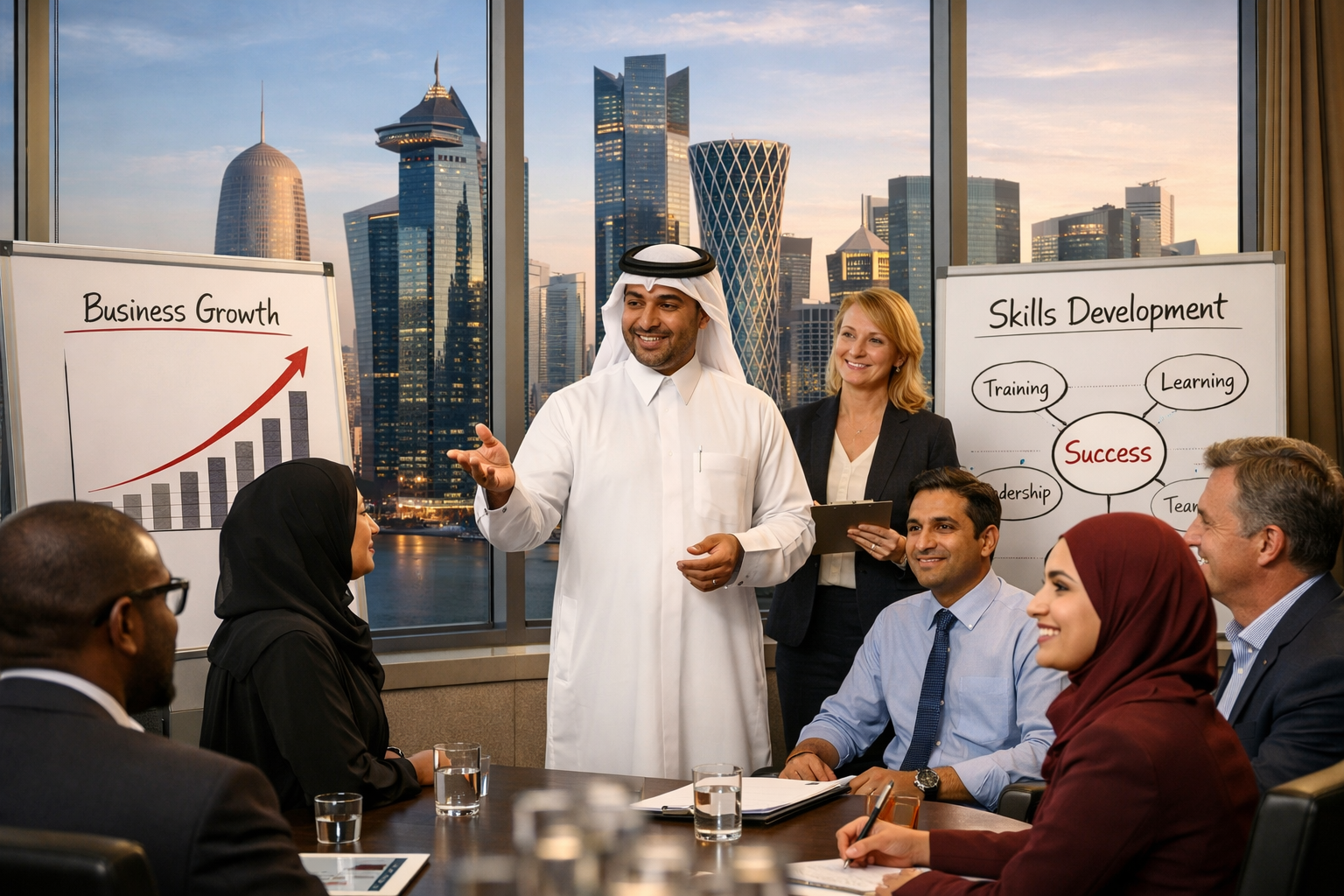 editorial illustration showing a diverse team of business professionals in a modern Doha office with floor-to-ceiling