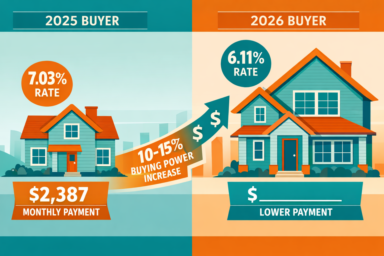 Landscape format (1536x1024) conceptual illustration showing home affordability and buying power increase. Split-screen composition: left si