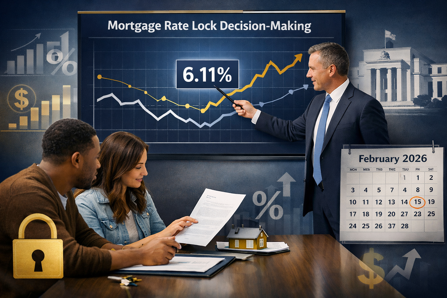 Landscape format (1536x1024) strategic planning scene showing mortgage rate lock decision-making. Central image: professional mortgage broke